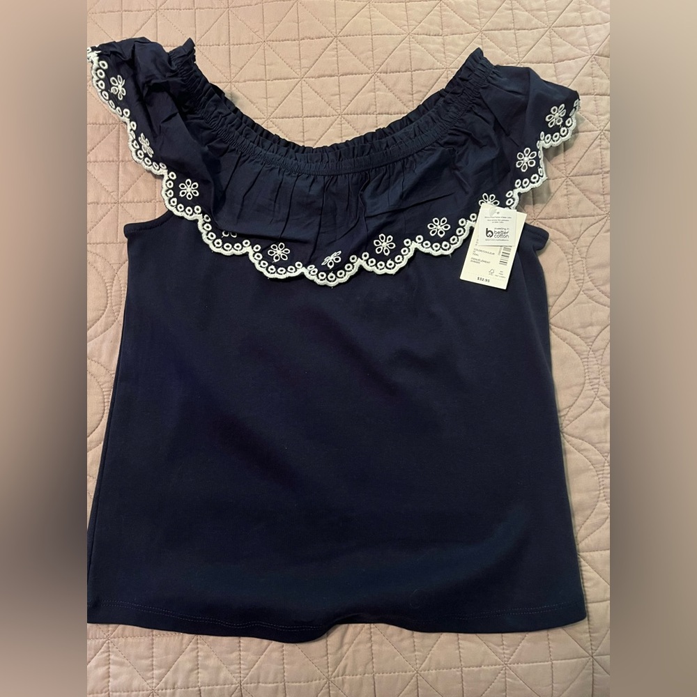 Navy Blue Top with White Floral Trim
